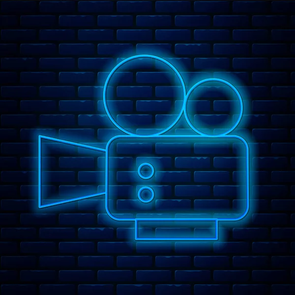 Zářící Neonovou Linku Ikona Kamery Cinema Izolované Cihlové Zdi Pozadí — Stockový vektor