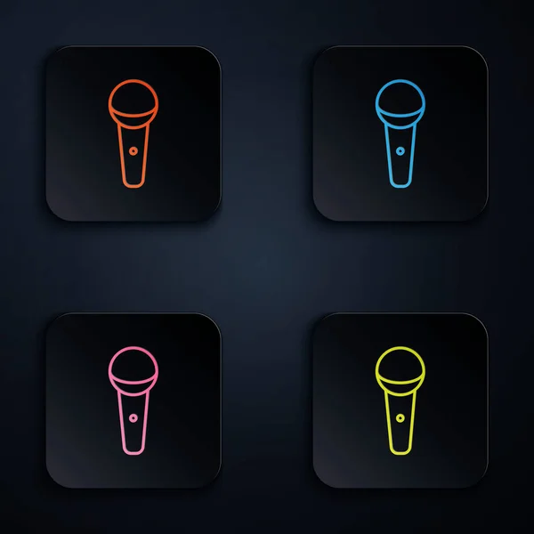 Renkli Neon Hattı Mikrofon Simgesi Siyah Arkaplanda Izole Edildi Radyodaki — Stok Vektör