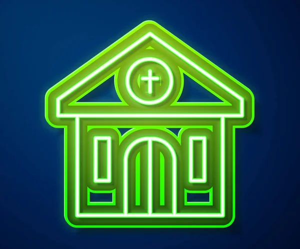 Glowing Neon Line Church Building Icon Isolated Blue Background Christian — Stock Vector