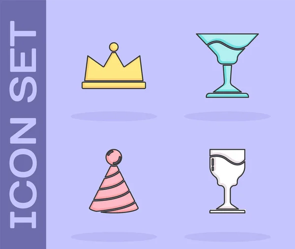 Set Copa Vino Corona Sombrero Fiesta Icono Cóctel Vector — Vector de stock