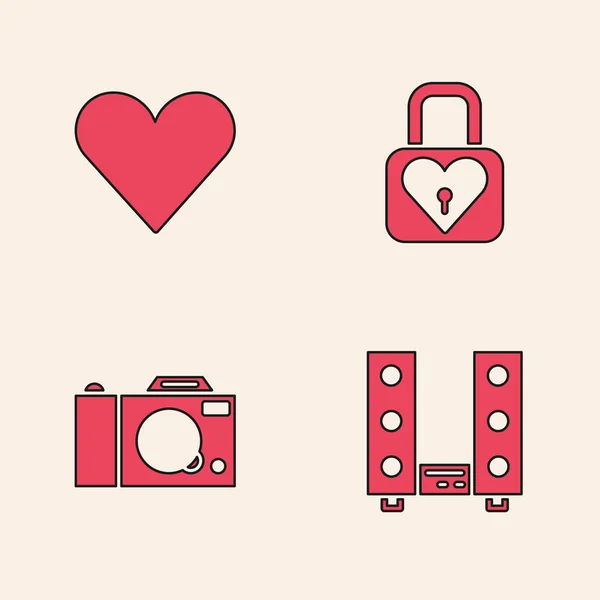 Set Inicio Estéreo Con Dos Altavoces Corazón Cerradura Corazón Icono — Vector de stock