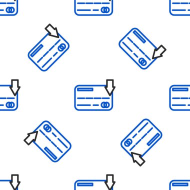 Çizgi kredi kartı simgesi beyaz arkaplanda kusursuz desen izole etti. Çevrimiçi ödeme. Nakit çekilmesi. Finansal operasyonlar. Alışveriş tabelası. Renkli taslak konsepti. Vektör.