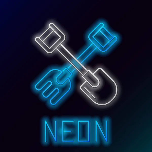 Zářící Neonová Čára Lopata Hrábě Ikona Izolované Černém Pozadí Nástroj — Stockový vektor