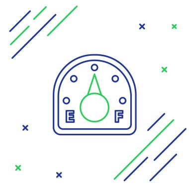 Çizgi Motor benzin göstergesi simgesi beyaz arkaplanda izole edildi. Yakıt göstergesi boş. Tam depo göstergesi. Renkli taslak konsepti. Vektör.