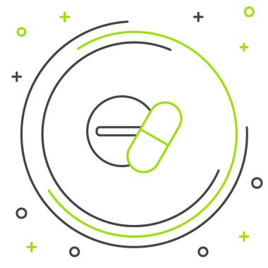 Beyaz arka planda izole edilmiş çizgi ilacı veya tablet ikonu. Kapsül hapı ve uyuşturucu işareti. Eczane tasarımı. Renkli taslak konsepti. Vektör.