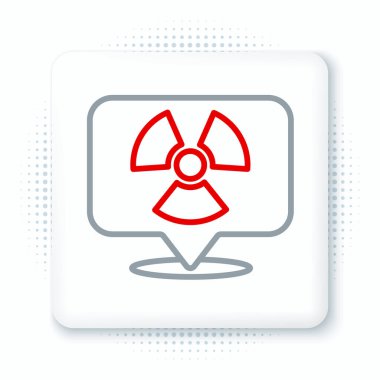 Beyaz arkaplanda izole edilmiş çizgi radyoaktif konum simgesi. Radyoaktif zehirli sembol. Radyasyon tehlikesi işareti. Renkli taslak konsepti. Vektör.