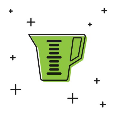 Beyaz zemin üzerinde izole edilmiş kuru ve sıvı yiyecek ikonunu ölçmek için siyah ölçü kabı. Plastik şişenin sapı var. Vektör.