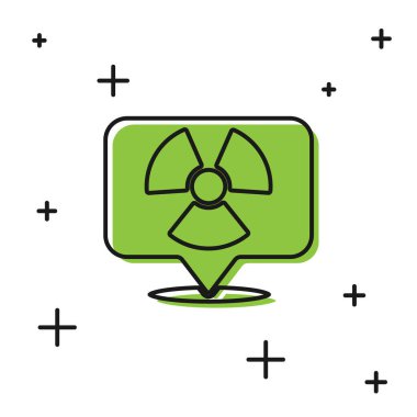 Siyah Radyoaktif beyaz arkaplanda izole edilmiş konum simgesinde. Radyoaktif zehirli sembol. Radyasyon tehlikesi işareti. Vektör.