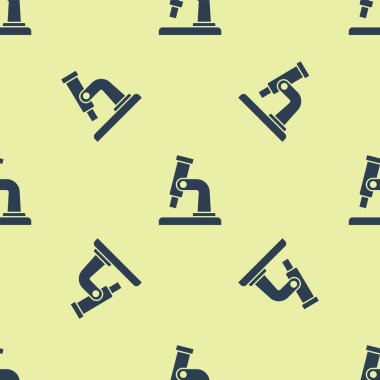 Mavi mikroskop simgesi sarı arkaplandaki kusursuz deseni izole etti. Kimya, ilaç aleti, mikrobiyoloji büyütme aracı. Vektör.