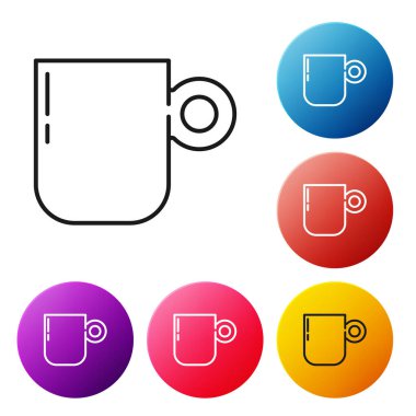 Siyah çizgi kahve fincanı simgesi beyaz arkaplanda izole edilmiş. Çay fincanı. Sıcak içecek kahvesi. Renkli daire düğmelerini ayarlayın. Vektör.