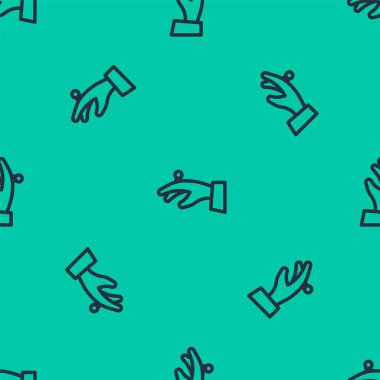 Mavi çizgili alyanslar el simgesinde yeşil arka planda izole edilmiş kusursuz desenler. Gelin ve damat mücevher tabelası. Evlilik sembolü. Elmas yüzük. Vektör.