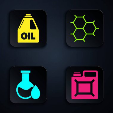 Benzin için teneke kutu, motor yağı için teneke kutu, benzin test tüpü ve benzen halkalarından oluşan kimyasal formül. Siyah kare düğme. Vektör.