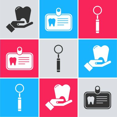 Diş, kimlik kartı, diş ve diş muayenesi ayna ikonu. Vektör.