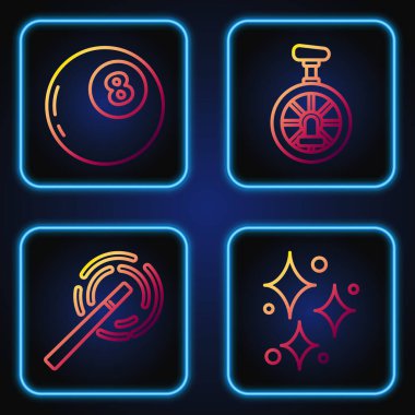 Sihirli parıltılı çizgi yıldızları, sihirli değnek, kehanetler sihirli top ve tek tekerlekli bisiklet ya da tek tekerlekli bisiklet. Renk simgeleri. Vektör.