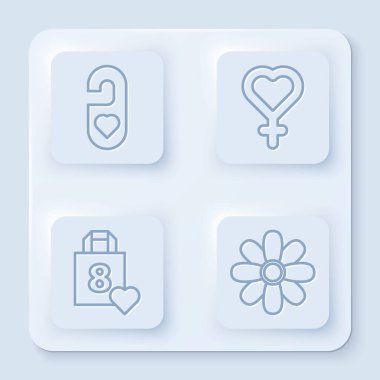 Sırayı belirleyin. Lütfen kalp, kadın cinsiyet sembolü, kalp ve çiçek dolu alışveriş torbası ile rahatsız etmeyin. Beyaz kare düğme. Vektör.