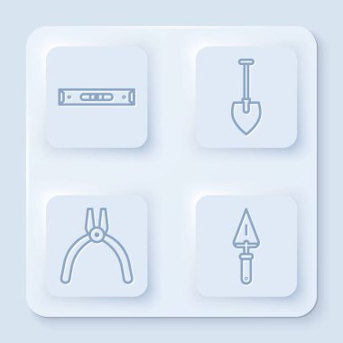 Kabarcık seviyesini, küreği, penseyi ve malayı ayarla. Beyaz kare düğme. Vektör.