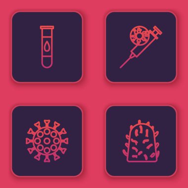 Kan testi ve virüsü, virüsü, şırıngayı ve kuduzu hazırlayın. Mavi kare düğme. Vektör.