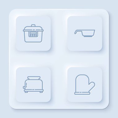 Sloset line Slow Cooker, kızartma tavası, tost makinesi ve fırın eldiveni. Beyaz kare düğme. Vektör.