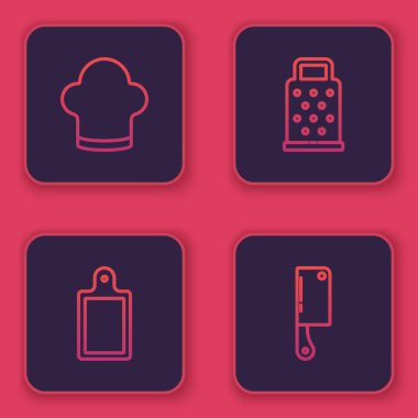 Şef şapkası, kesme tahtası, rendeleyici ve et helikopteri. Mavi kare düğme. Vektör.