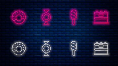 Sıra Candy, Dondurma, Donut ve Pasta 'da. Tuğla duvarda parlayan neon simgesi. Vektör.