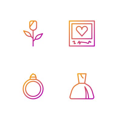 Set Hattı Kadın Elbisesi, Elmas Nişan Yüzüğü, Çiçek Gülü ve Fotoğraf Çerçevesi ve Kalpler. Renk simgeleri. Vektör.