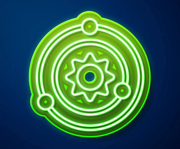 Parlayan neon hattı güneş sistemi simgesi mavi arkaplanda izole edildi. Gezegenler yıldızın etrafında dönerler. Vektör.