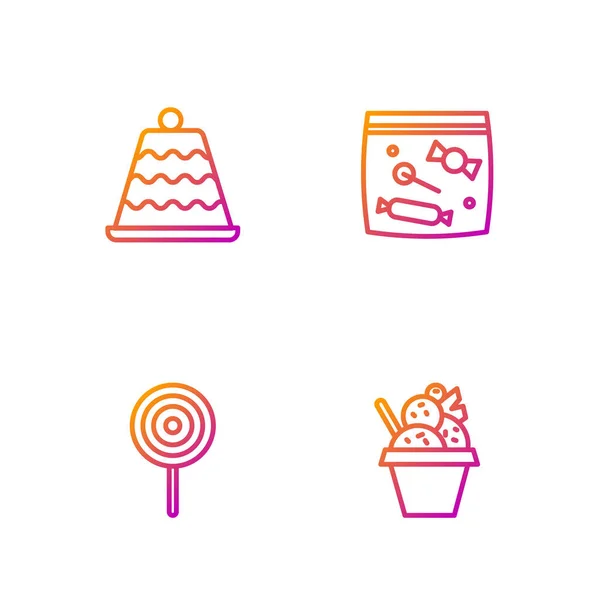 Set Line Ijs Kom Lollipop Cake Candy Verpakking Voor Snoep — Stockvector