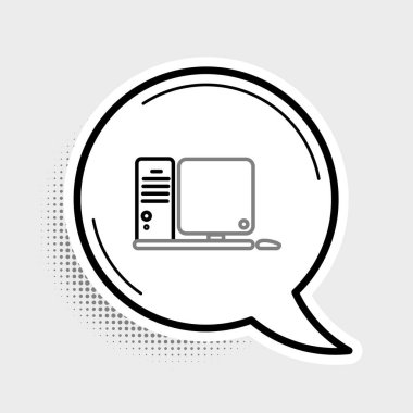 Gri arkaplanda klavye ve fare simgesine sahip çizgi bilgisayar monitörü izole edildi. Bilgisayar bileşeni işareti. Renkli taslak konsepti. Vektör.