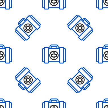 Pet ilk yardım seti simgesi beyaz arka planda izole edilmiş pürüzsüz desen. Köpek ya da kedi pençesi izi. Klinik kutusu. Renkli taslak konsepti. Vektör.