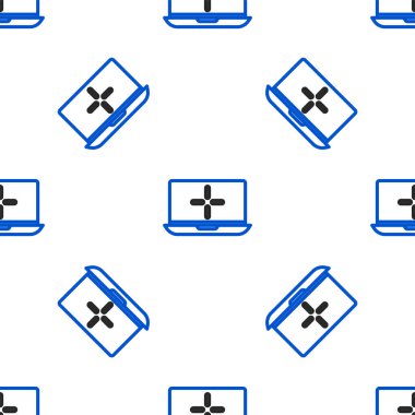 Çizgi dizüstü simgesi beyaz arkaplandaki kusursuz deseni izole etti. Boş ekran işaretli bilgisayar defteri. Renkli taslak konsepti. Vektör.