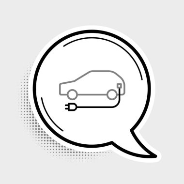 Elektrik hattı arabası ve elektrik kablosu şarj ikonu gri arka planda izole edildi. Yenilenebilir ekolojik teknolojiler. Renkli taslak konsepti. Vektör.