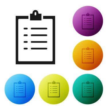 Beyaz arkaplanda kontrol listesi simgesi olan siyah pano izole edildi. Kontrol listesi sembolü. Anket anketi ya da anket geri bildirim formu. Simgeleri renk daire düğmelerine ayarla. Vektör İllüstrasyonu.