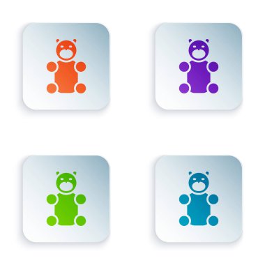 Renkli Jöle Şeker ikonu beyaz arka planda izole edilmiş. Kare düğmelere renkli simgeleri yerleştir. Vektör.