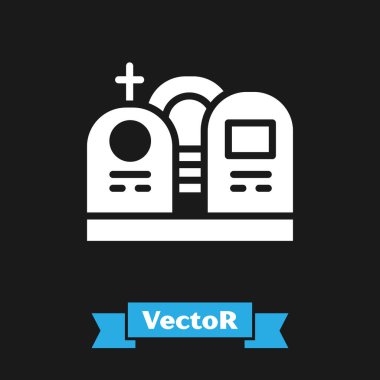 Siyah arkaplanda izole edilmiş mezar taşı simgesine sahip beyaz mezar. Vektör.