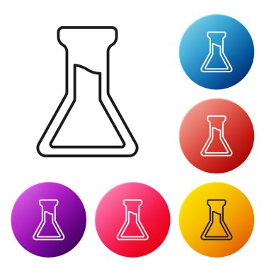 Siyah çizgi test tüpü ve beyaz arka planda izole edilmiş matara simgesi. Kimyasal laboratuvar testi. Laboratuvar camları. Renkli daire düğmelerini ayarlayın. Vektör.