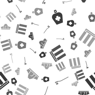 Bir şişe sıvı antibakteriyel sabun, diş fırçası, havlu yığını ve iç çamaşırları, kusursuz desenli. Vektör.