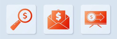 Zarfı bozuk para dolar, büyüteç ve dolar ile ve monitörü de dolarla ayarla. Beyaz kare düğme. Vektör.