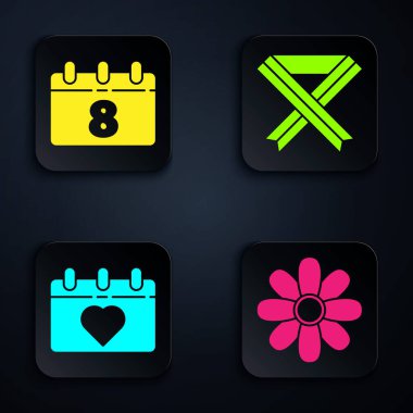 Flower, Calendar with 8 March, Calendar with 8 March ve Meme kanseri farkındalığı kurdelesi. Siyah kare düğme. Vektör.