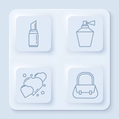 Sabit çizgi ruj, parfüm, kalp ve el çantası. Beyaz kare düğme. Vektör.