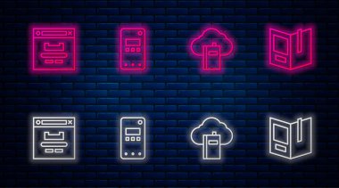 Satır cep telefonunu, Bulut 'u veya çevrimiçi kütüphaneyi, Tarayıcı penceresini ve Açık Kitabı ayarla. Tuğla duvarda parlayan neon simgesi. Vektör.