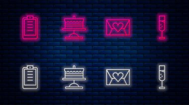 Tabakta çizgi pasta, Sevgililer Günü kalbinde zarf, pano kontrol listesi ve bir kadeh şampanya. Tuğla duvarda parlayan neon simgesi. Vektör.