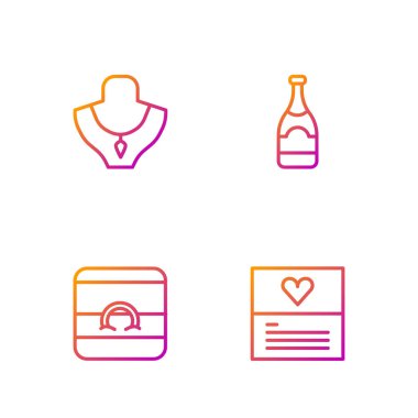 Tebrik kartı, alyans, manken kolyesi ve şampanya şişesi. Renk simgeleri. Vektör.