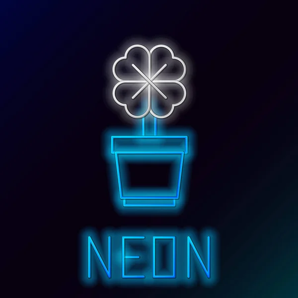 Glowing Neon Line Four Leaf Clover Pot Icon Isolated Black — Stock Vector