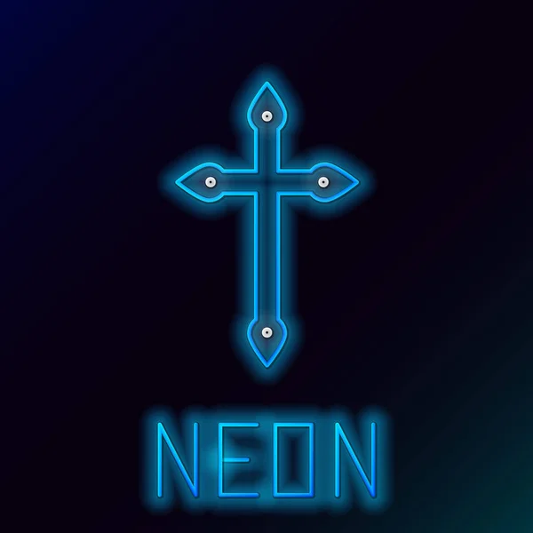 Glödande Neon Linje Christian Kors Ikon Isolerad Svart Bakgrund Kyrkorset — Stock vektor
