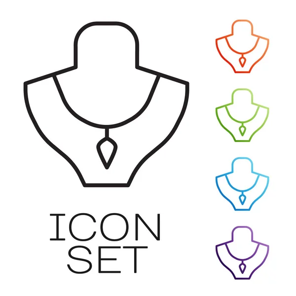 Black Line Necklace Mannequin Icon Isolated White Background Set Icons — Stock Vector