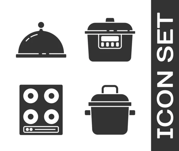 设置烹饪锅 包括托盘食物 煤气炉和慢火炊具图标 — 图库矢量图片