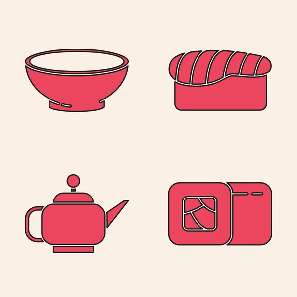 Set Sushi Bol Soupe Chaude Sushi Icône Japonaise Cérémonie Thé — Image vectorielle