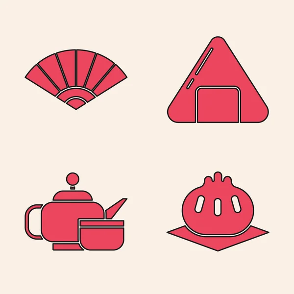 设置钦卡利在切板上 纸中国或日本折扇 寿司和日本茶道图标 — 图库矢量图片