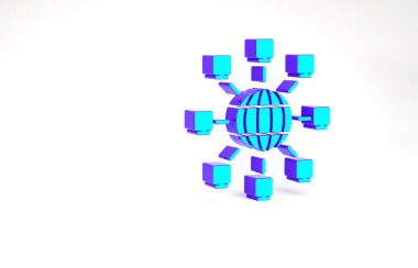 Turkuaz Global teknolojisi veya sosyal ağ simgesi beyaz arka planda izole edildi. Minimalizm kavramı. 3d illüstrasyon 3B canlandırma