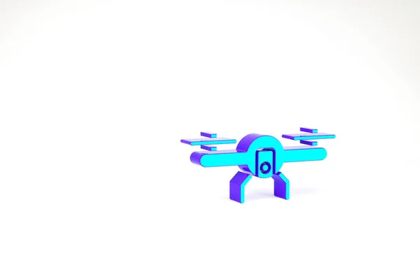 Icona volante turchese drone isolato su sfondo bianco. Quadrocopter con video e foto fotocamera simbolo. Concetto minimalista. Illustrazione 3d rendering 3D — Foto Stock